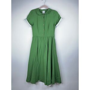 Son De Flor Linen Dress Green Class Dress Short Sleeve Button Front Size XS